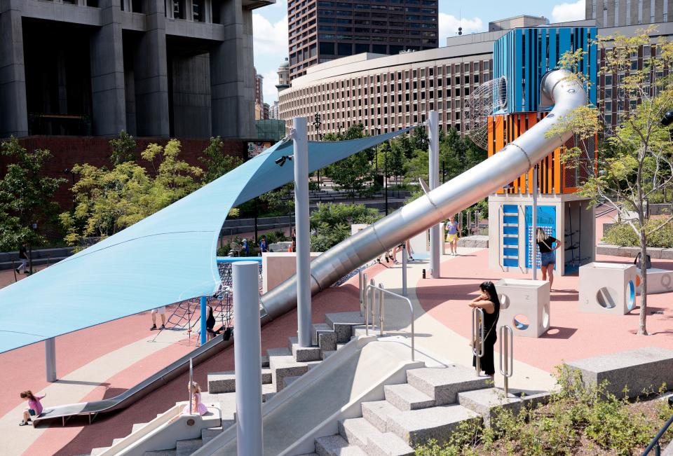 A viral video of a BPD officer's bumpy ride on an extra-large slide at City Hall Plaza is raising questions about the piece of playground equipment's safety.