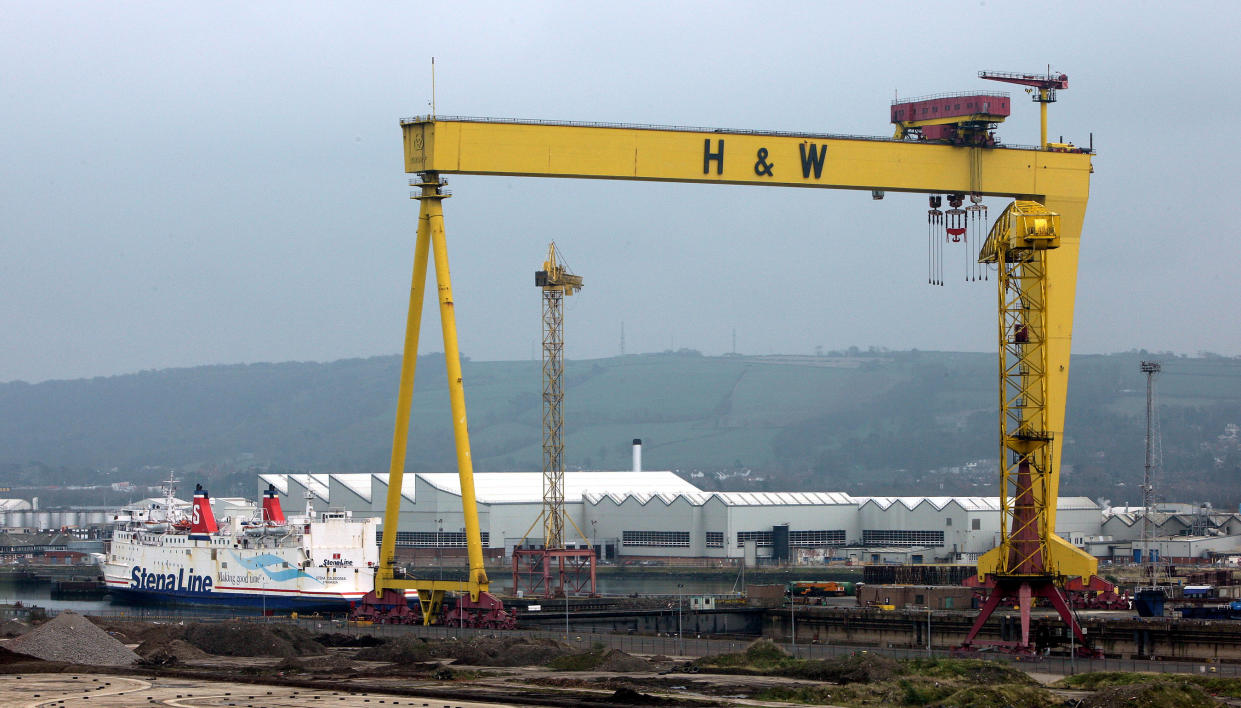 A view from inside the £90 million Titanic Belfast, of the Harland and Wolff shipyard, whichÊhas been builtÊin the derelict ship yard where the ill fated liner was constructed a century earlier, almost 80,000 tickets have already been snapped up to tour the world's largest Titanic attraction when it opens in two weeks time.