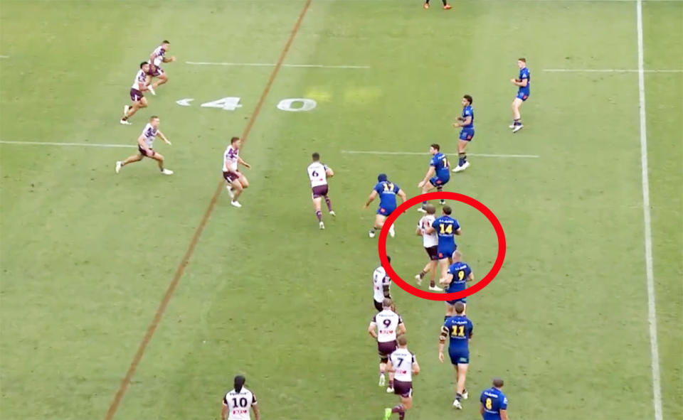 Jake Trbojevic stopped in the defensive line and prevented Luca Moretti from sliding across. Image: Channel 9