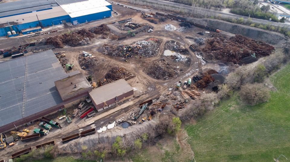 An aerial photo of Pro V Enterprises on Wyoming Avenue in Dearborn on Thursday, April 20, 2023. The city of Dearborn filed a lawsuit last week in Wayne County Circuit Court against Pro V Enterprises, two other related companies and owner James Rademaker for dust pollution.