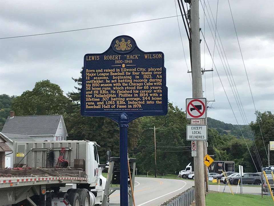 The Hack Wilson historical marker on Route 65 in Ellwood City.