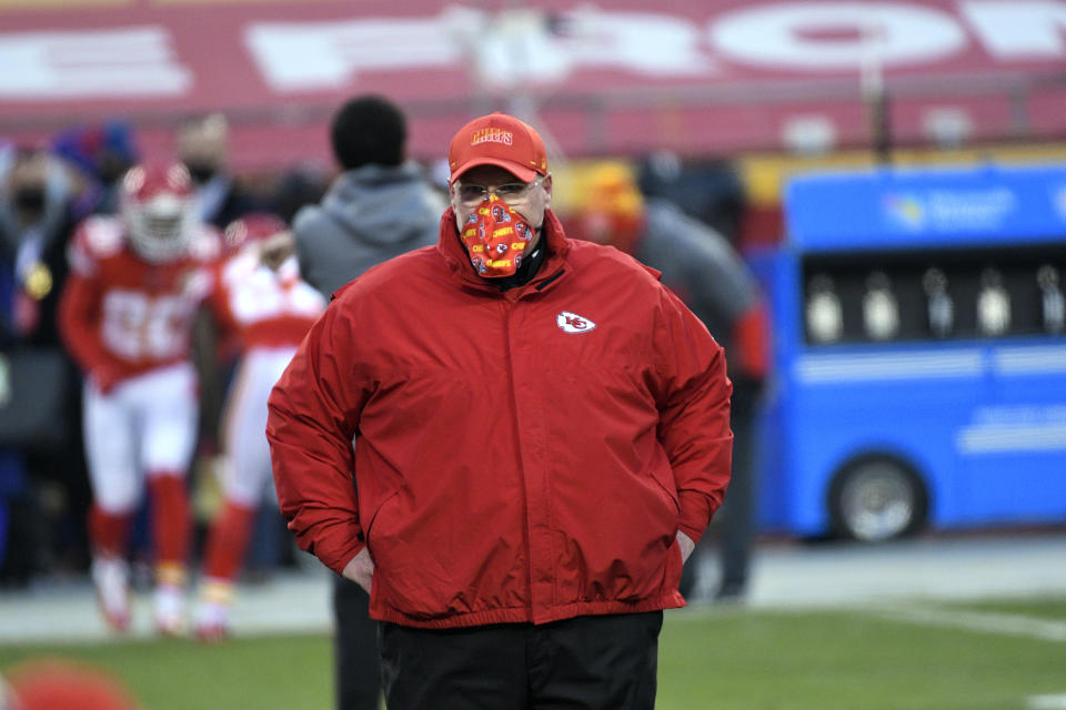 Kansas City Chiefs head coach Andy Reid walks on the field before the AFC championship NFL football game against the Buffalo Bills, Sunday, Jan. 24, 2021, in Kansas City, Mo. (AP Photo/Reed Hoffmann)