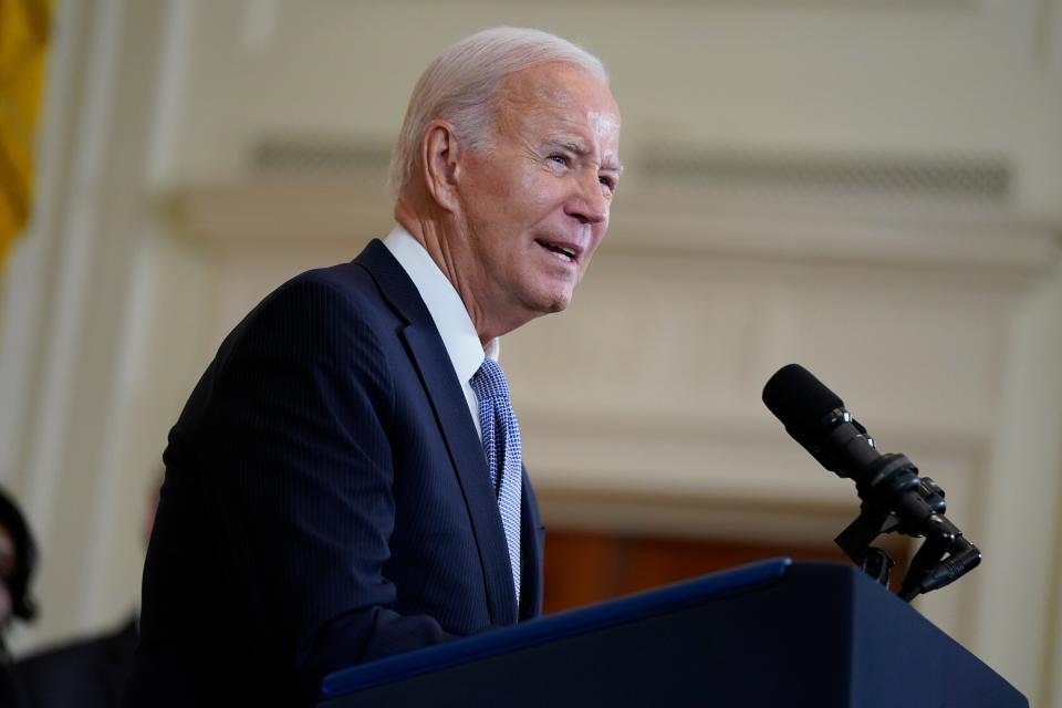 President Joe Biden speaks on the anniversary of the Inflation Reduction Act during an event in the East Room of the White House on Aug. 16 in Washington.