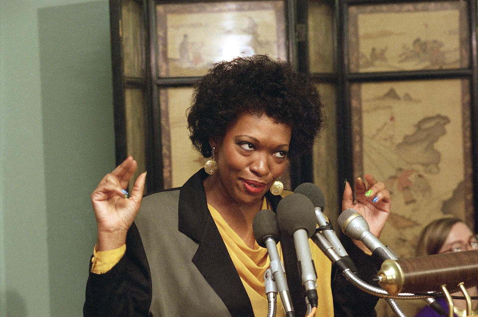 <p>1993 – RITA DOVE – LITERATURE – First African-American woman and the youngest person to be named Poet Laureate of the United States. — Rita Dove, the Library of Congress’ Poet Laureate Consultant for the 1993-94 literary season, meets reporters at the library in Washington, Oct. 6, 1993. Dove became the seventh Poet Laureate Consultant in Poetry and succeeds Mona Van Duyn, (AP Photo/Charles Tasnadi) </p>