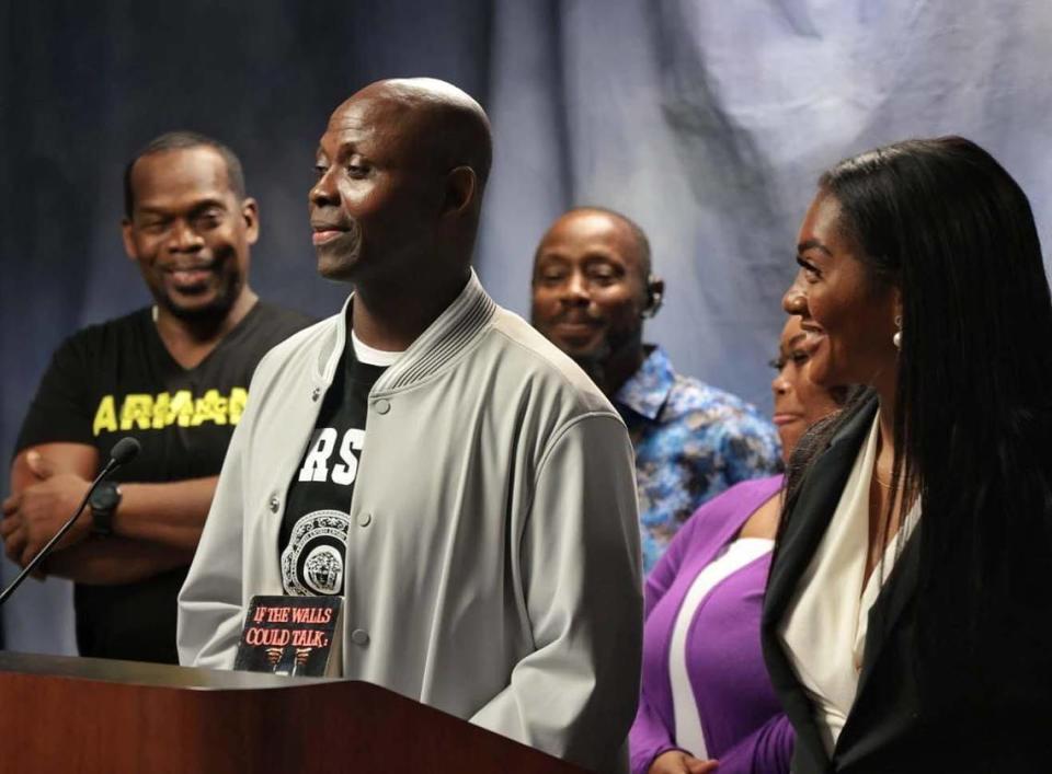 On Wednesday, April 27, 2022, Thomas James, who has spent 30 years in prison for murder, speaks to the media, surrounded by supporters, his attorney and family members, after his murder conviction was vacated by Judge Miguel M. de la O. James spoke at a short press conference at the State Attorney’s Office.