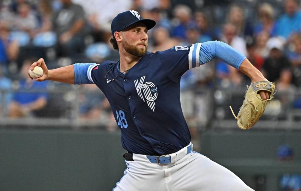 Kansas City Royals starting pitcher Alec Marsh (48) delivers a pitch in the first inning against the Cleveland Guardians on June 28, 2024 at Kauffman Stadium in Kansas City.