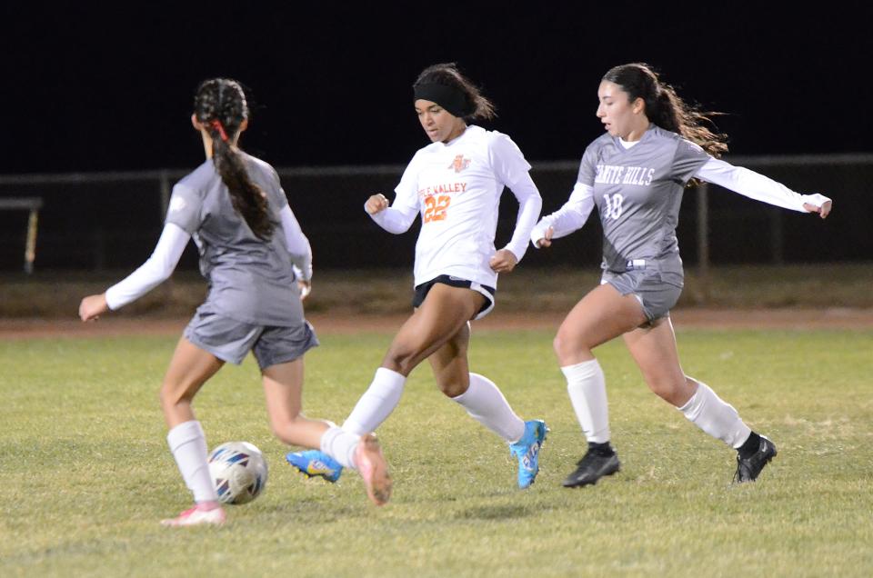 Apple Valley’s Sarah Fort kicks the ball during the second half against Granite Hills on Thursday, Nov. 30, 2023. Apple Valley defeated Granite Hills 3-0 in a battle of reigning league champions.