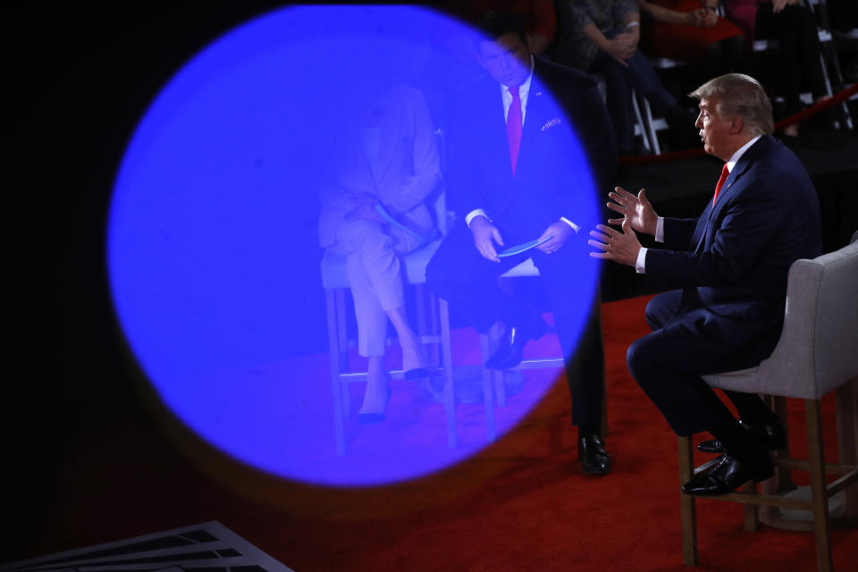 FILE - In this March 5, 2020, file photo President Donald Trump speaks during a FOX News Channel Town Hall, co-moderated by FNC's chief political anchor Bret Baier of Special Report and The Story anchor Martha MacCallum, in Scranton, Pa. Trump has notably used the crisis to remind Americans about his 2016 campaign promise to build a wall along the U.S.-Mexico border. He argues a wall would help contain the coronavirus. In a tweet last month, he said the structure is “Going up fast” and “We need the Wall more than ever!” (AP Photo/Matt Rourke, File)