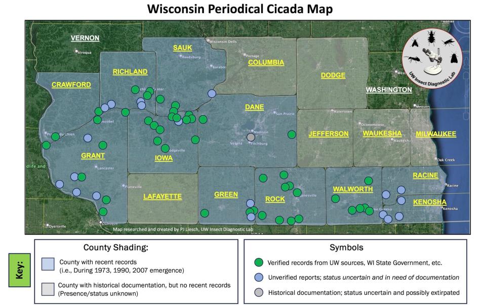 This map, created by director of UW-Madison's Insect Diagnostics Lab PJ Liesch, shows where 17-year Brood XIII cicadas have emerged in Wisconsin in the past.