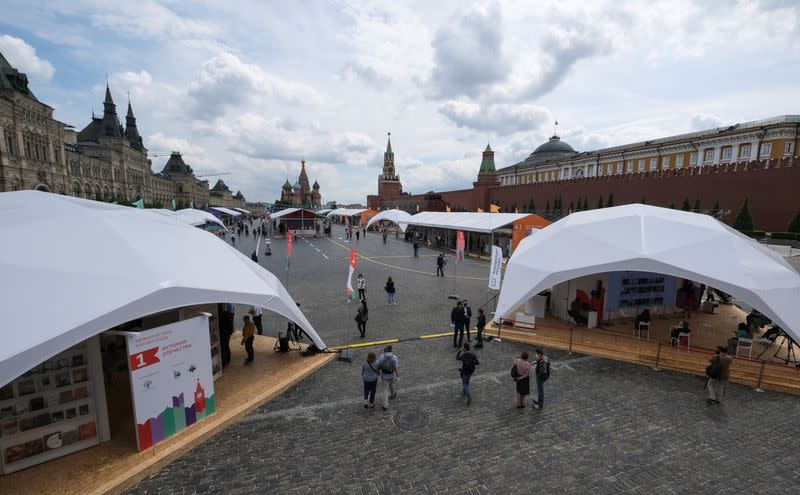 People attend the annual Red Square Book Fair in central Moscow