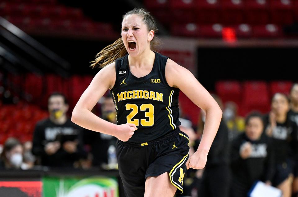 Danielle Rauch of the Michigan Wolverines celebrates during the first quarter against the Maryland Terrapins at Xfinity Center on Jan. 16, 2022 in College Park, Maryland.