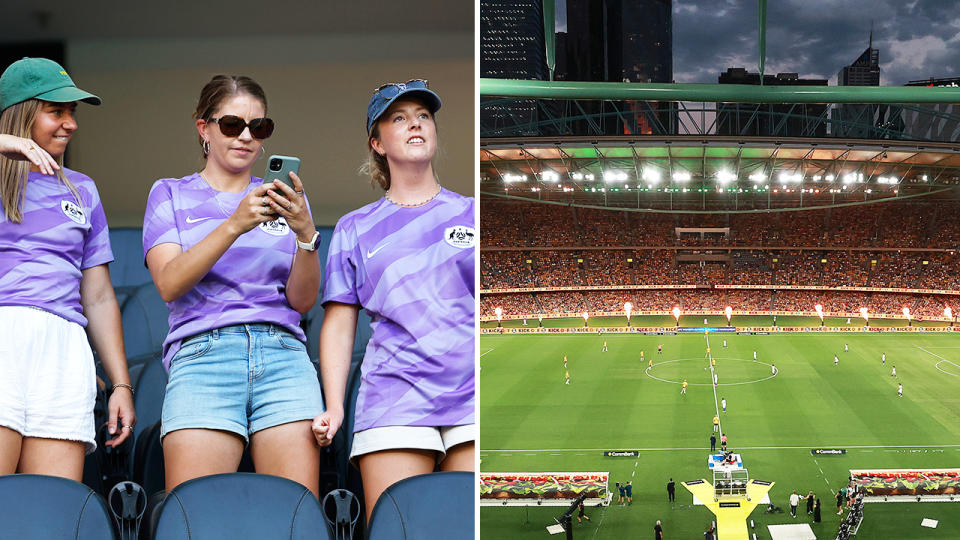 Matildas fans, pictured here wearing the purple goalkeeper jerseys.