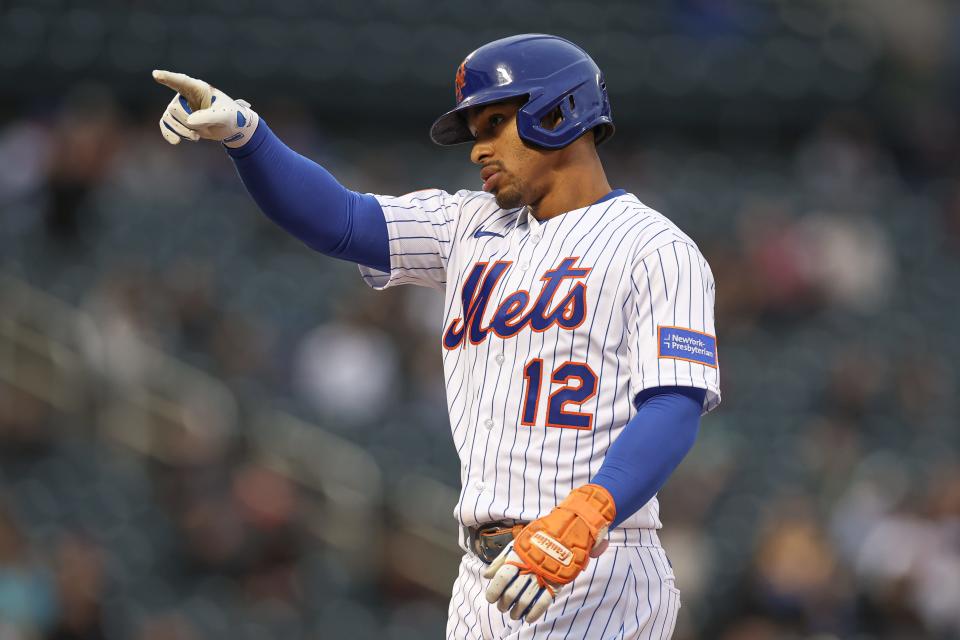 New York Mets shortstop Francisco Lindor (12) reacts after two RBI single during the seventh inning against the Miami Marlins on Sept. 27, 2023, at Citi Field.