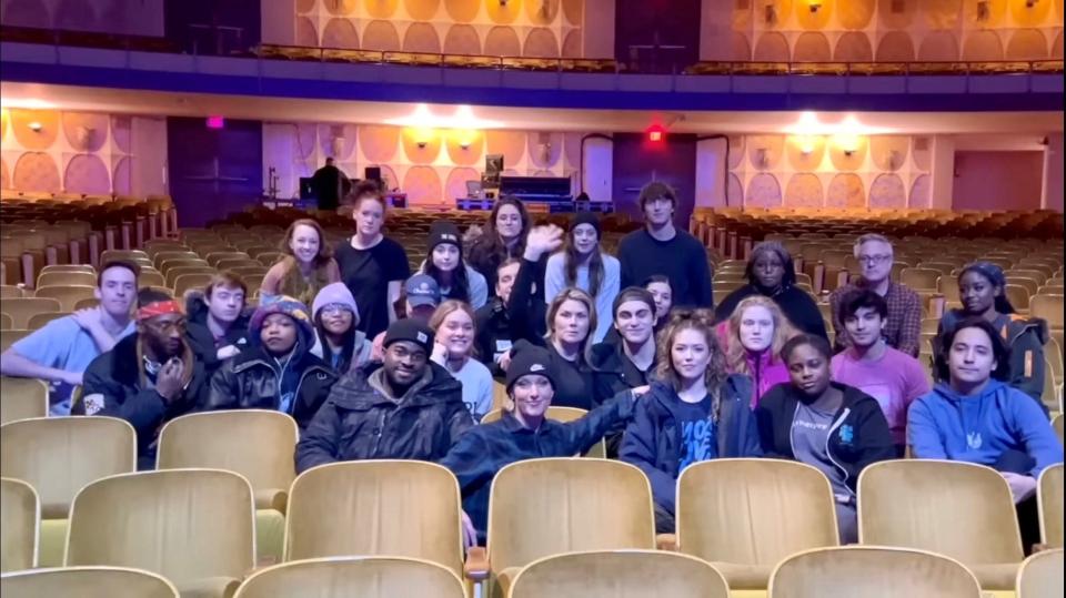 Cast members of the national tour of "Jagged Little Pill" gather to send love and support to Michigan State University in an image from a YouTube video by Wes Haskell.