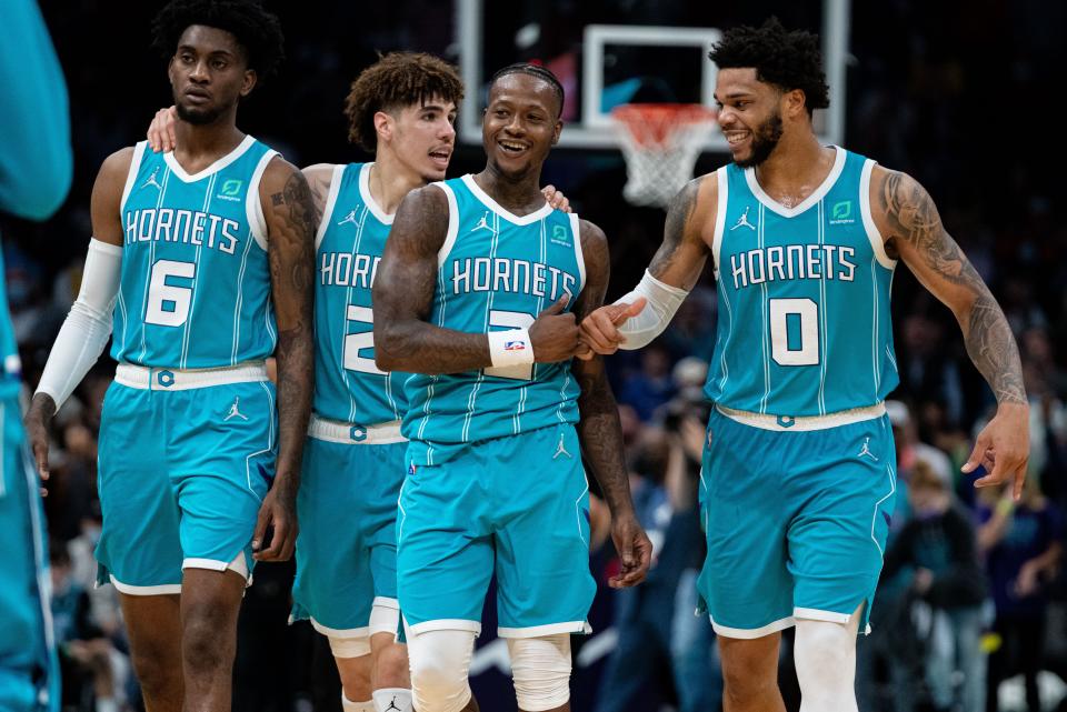 With Miles Bridges (0) and LaMelo Ball (2) leading a roster that also includes Terry Rozier (3) and Jalen McDaniels (6), Charlotte has become one of the most exciting young teams in the NBA.