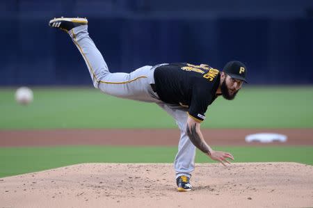 FILE PHOTO: May 16, 2019; San Diego, CA, USA; Pittsburgh Pirates starting pitcher Trevor Williams (34) pitches against the San Diego Padres during the first inning at Petco Park. Orlando Ramirez-USA TODAY Sports