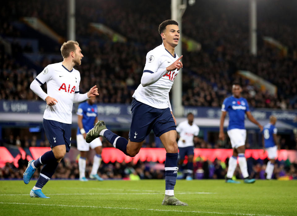 Tottenham Hotspur's Dele Alli celebrates scoring his side's first goal of the game during the Premier League match at Goodison Park, Liverpool. (Photo by Nick Potts/PA Images via Getty Images)