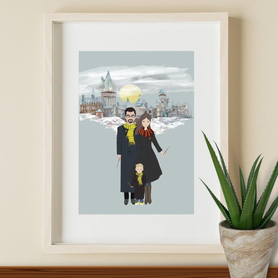 3) Custom Christmas Wizard  Family Portrait Illustration Drawing Family Couple Anniversary Wedding Gift Secret Santa Potter Fast Shipping