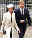 <p>Meghan wears a crisp white coat and fitted dress by Amanda Wakely to attend the Commonwealth Day service at Westminster Abbey. (Photo: Daniel Leal-Olivas/AFP/Getty Images) </p>