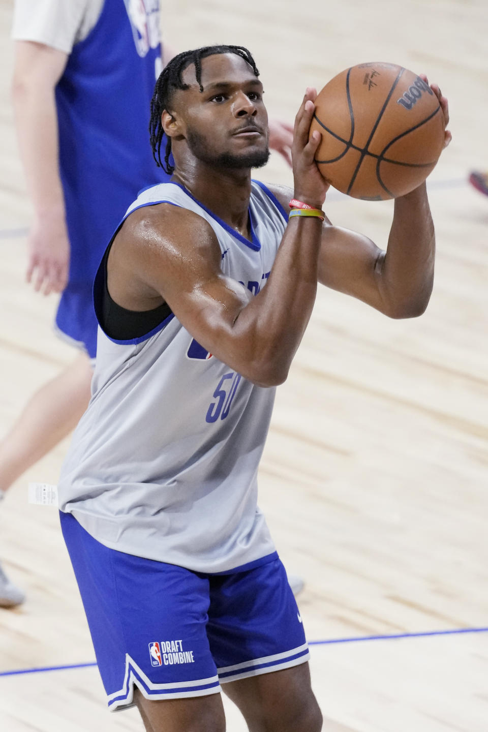 Bronny James shoots a free throw during the 2024 NBA basketball Draft Combine in Chicago, Tuesday, May 14, 2024. (AP Photo/Nam Y. Huh)