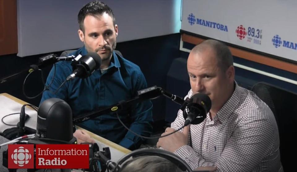 Dalain Gagne, left, and Ken Garon speak on Wednesday morning to CBC Information Radio host Marcy Markusa about the death of their friend and colleague Preston Heinbigner.