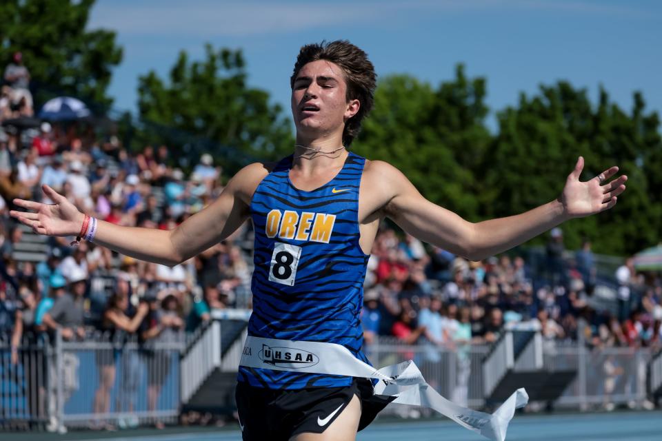 Orem’s Tayson Echohawk places first in the 5A boys 3,200-meter finals at the Utah high school track and field championships at BYU in Provo on Thursday, May 18, 2023. | Spenser Heaps, Deseret News