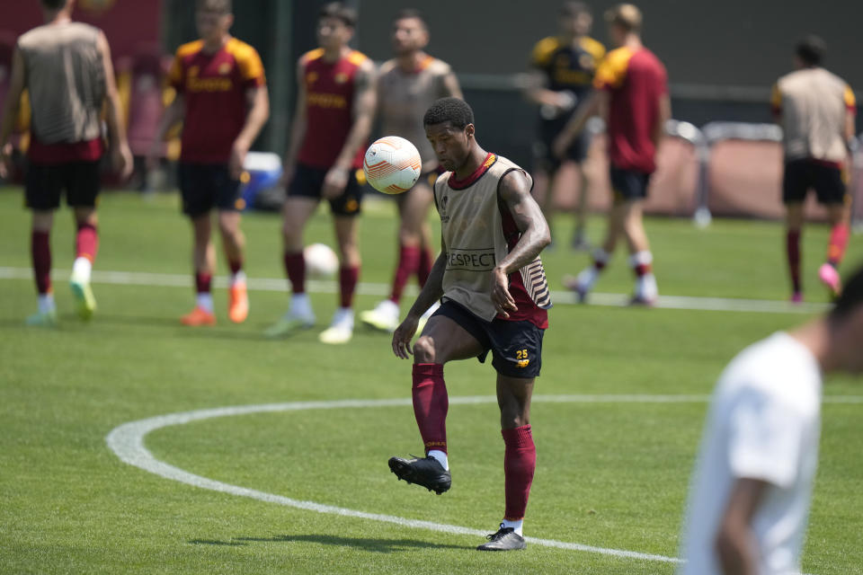 Roma's Georginio Wijnaldum in action during a training session ahead of the Europa League soccer final, at the Trigoria training centre, in Rome, Tuesday, May 30, 2023. Roma will play an Europa League final against Sevilla in Budapest, Hungary, next Wednesday, May 31. (AP Photo/Alessandra Tarantino)