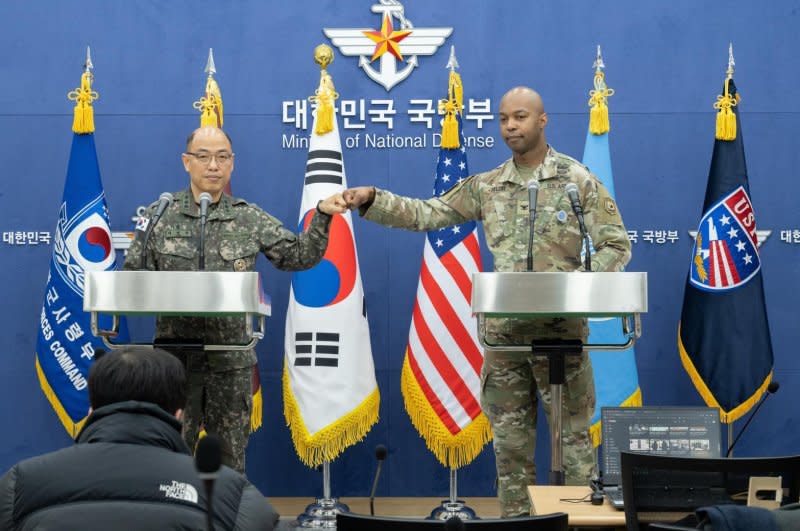 South Korean Col. Lee Sung-jun (L) and U.S. Col. Isaac Taylor (R) announced the upcoming Freedom Shield 2024 joint military exercise at a press conference Wednesday. The exercise will run from Mar. 4-14 and is focused on countering North Korea's growing nuclear threat. Photo courtesy of Republic of Korea Ministry of Defense