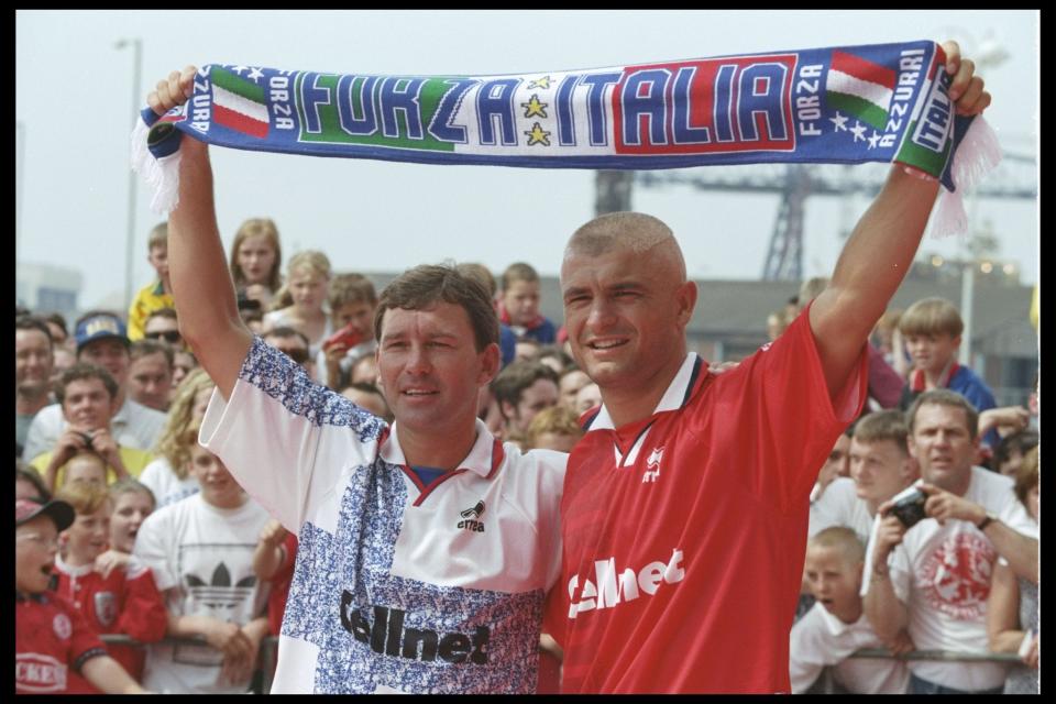 Bryan Robson manager of Middlesbrough with Fabrizio Ravanelli when he signed him in 1996