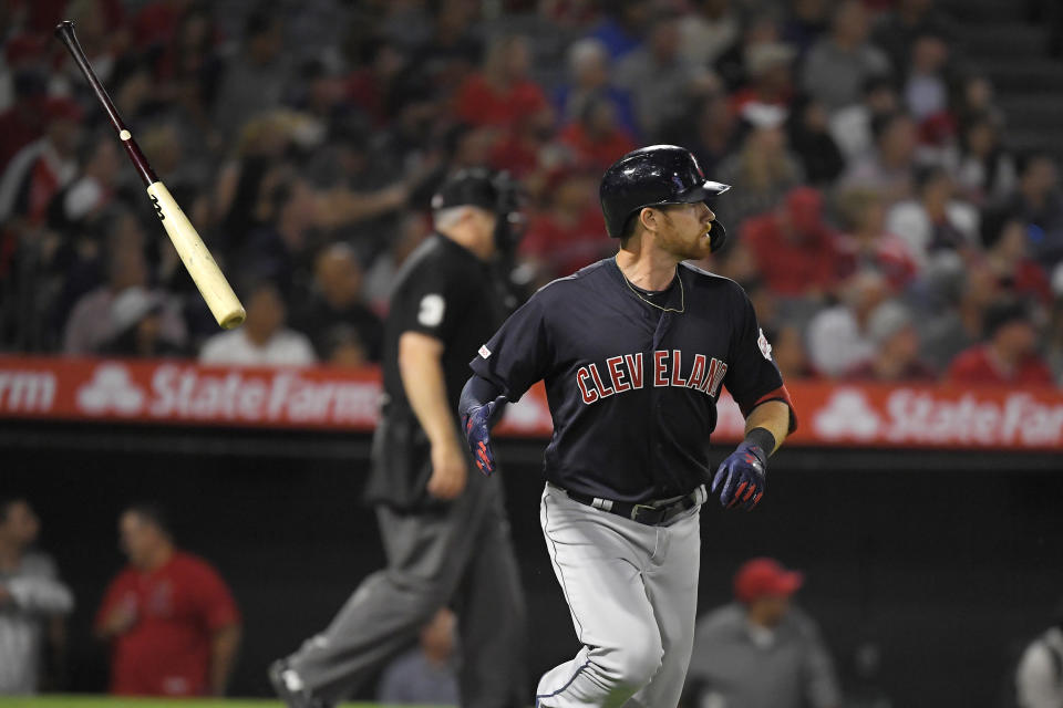 Cleveland Indians' Jordan Luplow runs to first after hitting a two-run home run during the second inning of the team's baseball game against the Los Angeles Angels on Tuesday, Sept. 10, 2019, in Anaheim, Calif. (AP Photo/Mark J. Terrill)