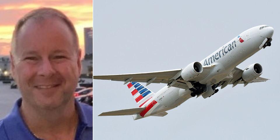 A composite image of Carter Schoenberg and an American Airlines plane.