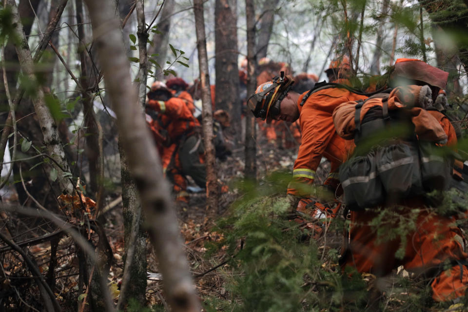 FILE - Inmate firefighters cut down trees along the Highway 29 as wildfires continue to burn Thursday, Oct. 12, 2017, near Calistoga, Calif. California currently has about 1,250 prisoners trained to fight fires and has used them since the 1940s. It pays its "Angels in Orange" $2.90 to $5.12 a day, plus an extra $1 an hour when they work during emergencies. (AP Photo/Jae C. Hong, File)