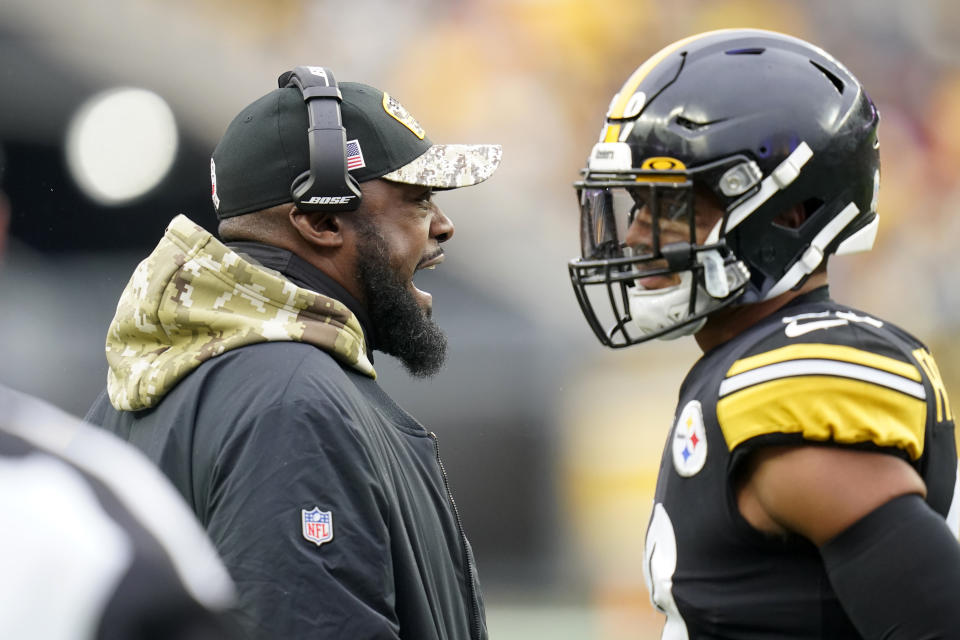 Pittsburgh Steelers head coach Mike Tomlin, left, yells from the sideline during the first half of an NFL football game against the Detroit Lions, Sunday, Nov. 14, 2021, in Pittsburgh. (AP Photo/Keith Srakocic)