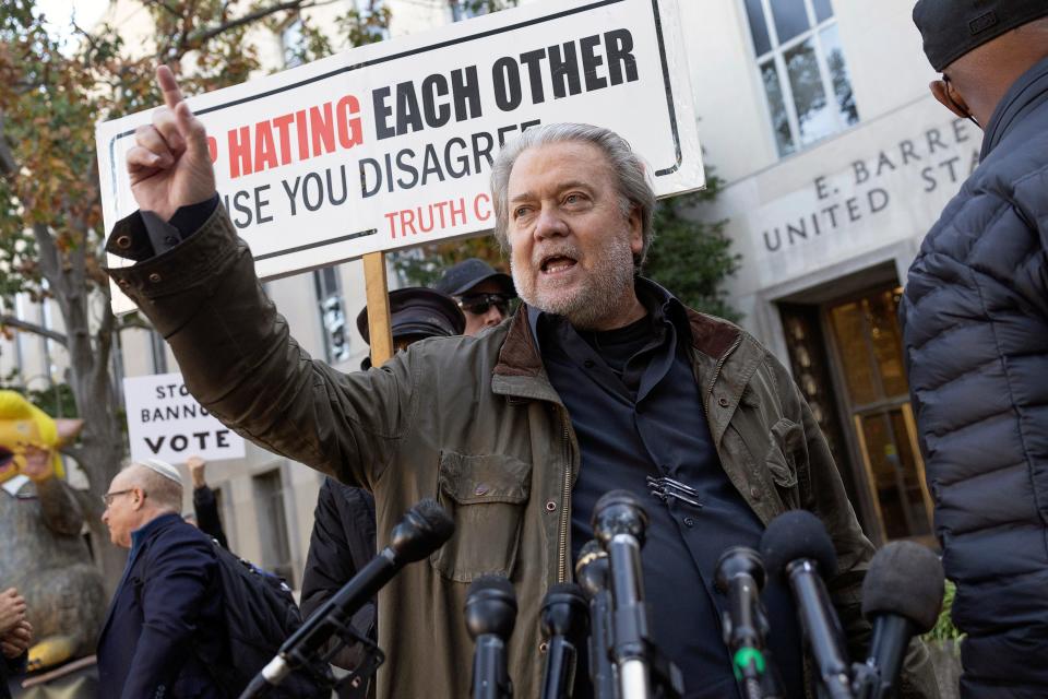 October 21, 2022: Former Trump White House senior advisor Steve Bannon speaks to the media as he arrives at federal court to be sentenced in Washington, DC. Prosecutors have recommended six months in jail and pay a fine of $200,000 for Bannon, who was found guilty by a federal jury of two counts of contempt of Congress after he refused to turn over documents or be interviewed by the House committee investigating the January 6 attack on the U.S. Capitol. 