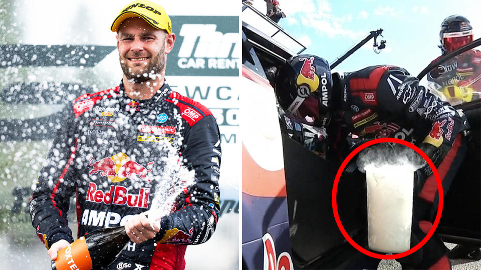 Shane van Gisbergen is pictured left, with his pit crew putting dry ice in the door of his car on the right.