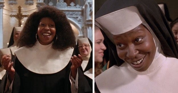 Whoopi Goldberg as Deloris sings in front of the congregation in "Sister Act," and she explains to students how she has been a Vegas headliner in "Sister Act 2"