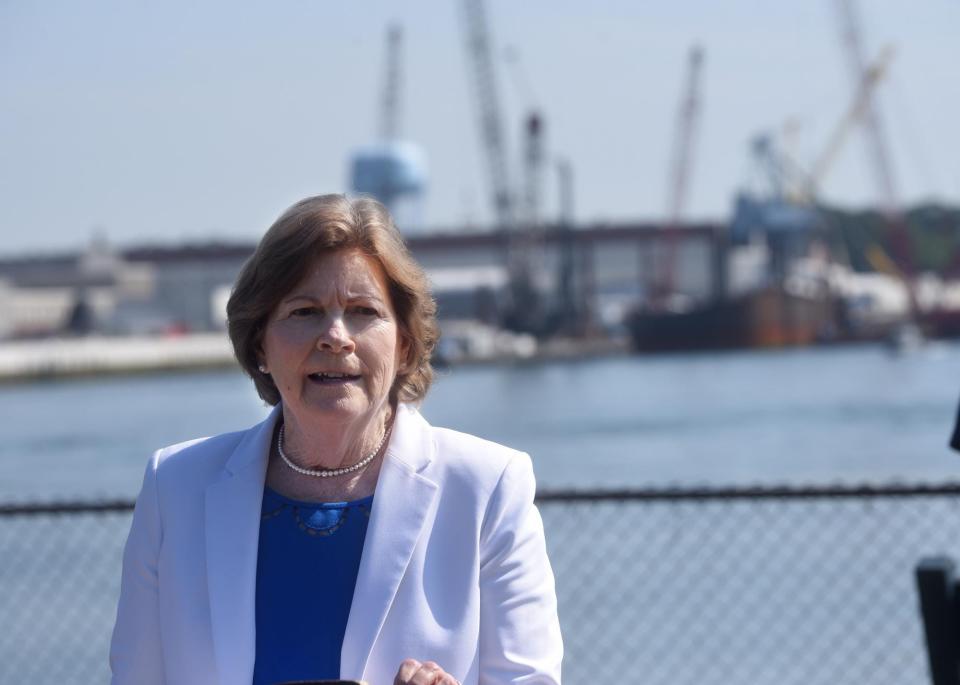 Sen. Jeanne Shaheen, D-New Hampshire, speaks during a 2020 press conference in Prescott Park in Portsmouth with Portsmouth Naval Shipyard visible across the water.
