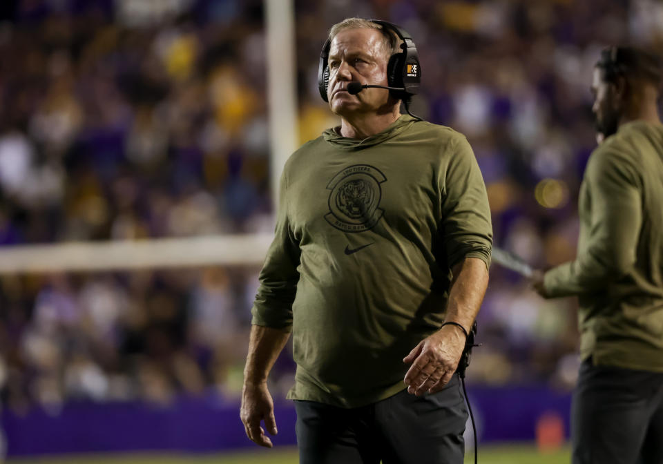 LSU head coach Brian Kelly stands on the sideline during the second half of an NCAA college football game against Florida in Baton Rouge, La., Saturday, Nov. 11, 2023. (AP Photo/Derick Hingle)