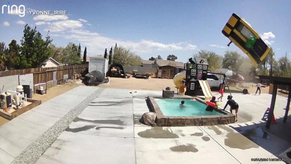 PHOTO: Security camera footage shows a dust devil lifting away an inflatable bounce jumper at a California home. (KABC)