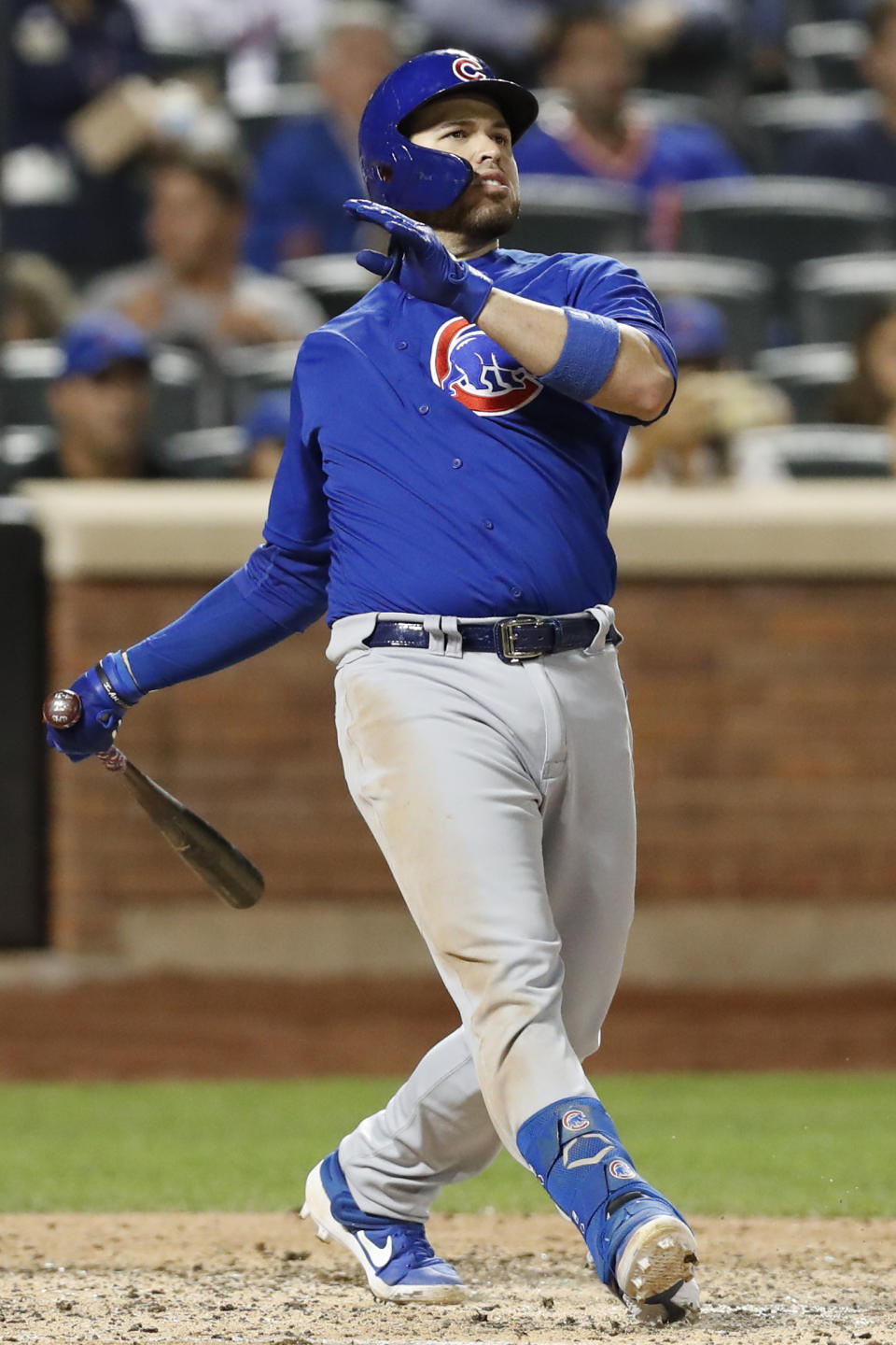 Chicago Cubs' Victor Caratini watches his three-run home run during the seventh inning of a baseball game against the New York Mets, Thursday, Aug. 29, 2019, in New York. (AP Photo/Kathy Willens)