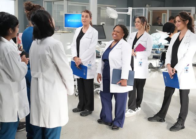 <p>Eric McCandless/ABC/Getty</p> Kate Walsh, Chandra Wilson, Camilla Luddington and Stefania Spampinato in a 'Grey's Anatomy' episode.