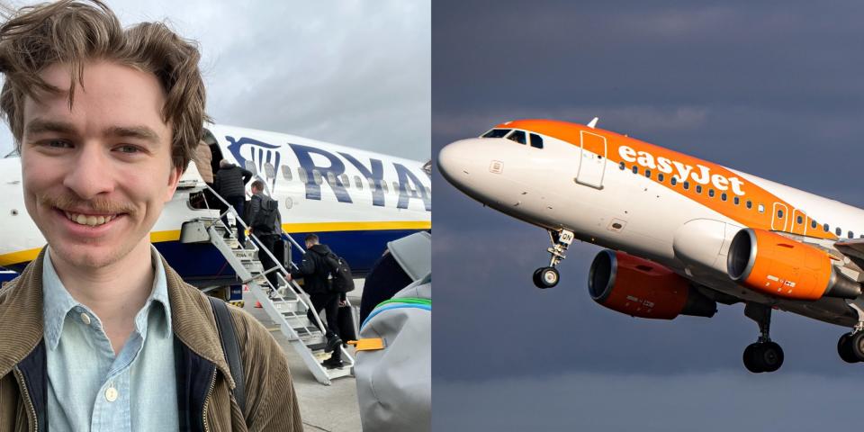 Der Autor, eine Ryanair Boeing 737 und ein Easyjet Airbus A319. - Copyright: Pete Syme/Business Insider; Nicolas Economou/NurPhoto via Getty Images