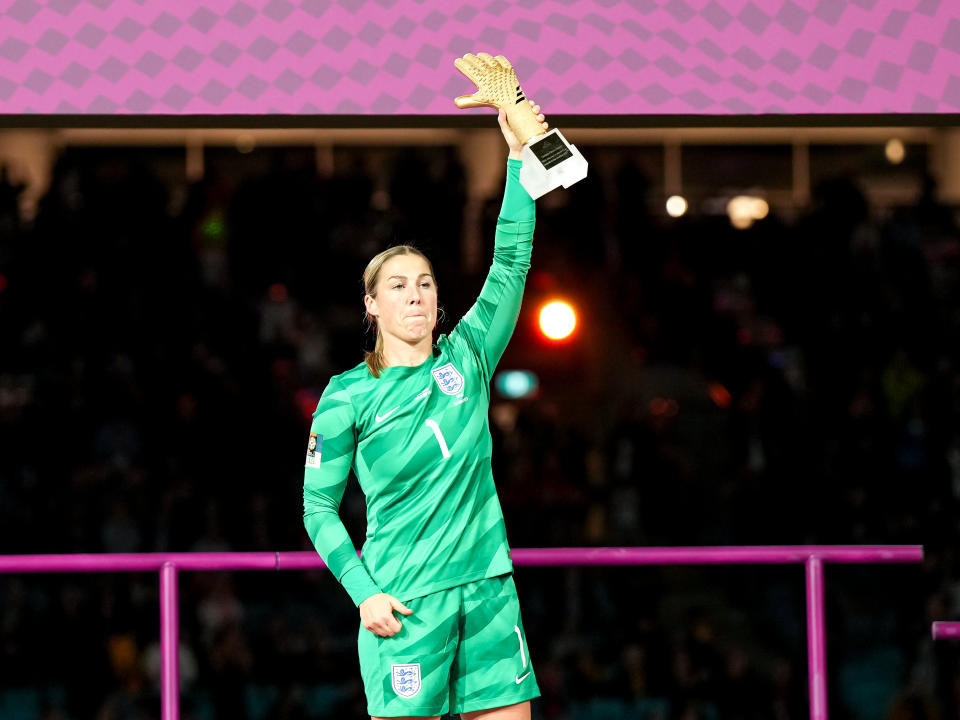 Mary Earps celebrates her award at the Women's World Cup.