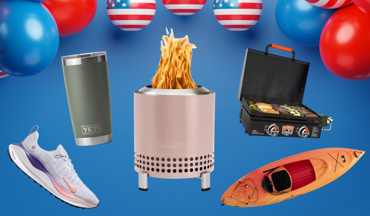 Nike sneaker, Yeti tumbler, Solo Stove, grilling griddle, and orange kayak against a patriotic background