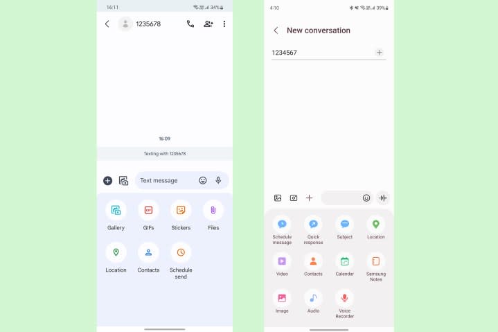 Google Messages vs Samsung Messages supported attachments.