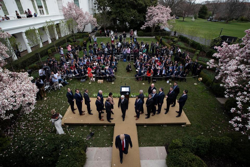 President Donald Trump departs after speaking about the coronavirus in the Rose Garden at the White House in Washington, D.C., on March 13, 2020.<span class="copyright">Alex Brandon—AP</span>