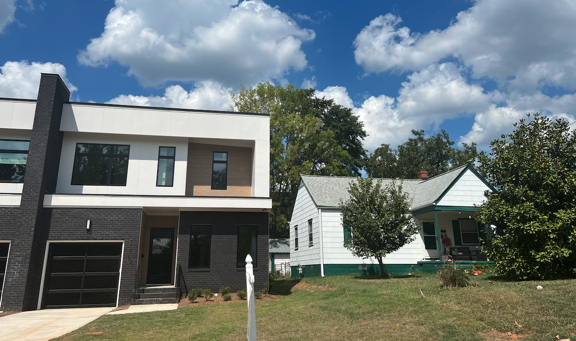 In coveted neighborhoods like Raleigh’s historic Capitol Heights district, homes once built as entry-level housing on Van Buren Road are being replaced with million-dollar townhouses. Chantal Allam