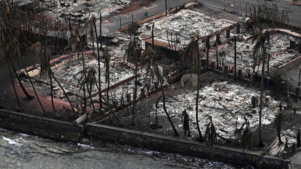 An aerial image taken on August 10, 2023, shows buildings burned to the ground in Lahaina by wildfires in western Maui, Hawaii. - Patrick T. Fallon/AFP via Getty Images