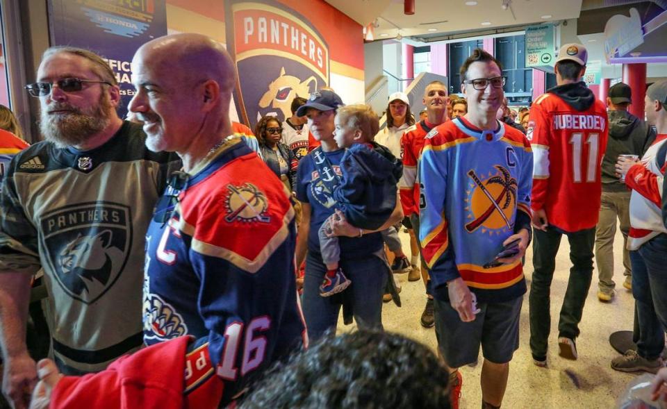 NHL fans arrive for the NHL All-Star Game at FLA Live Arena in Sunrise, Florida on Saturday, February 4, 2023.