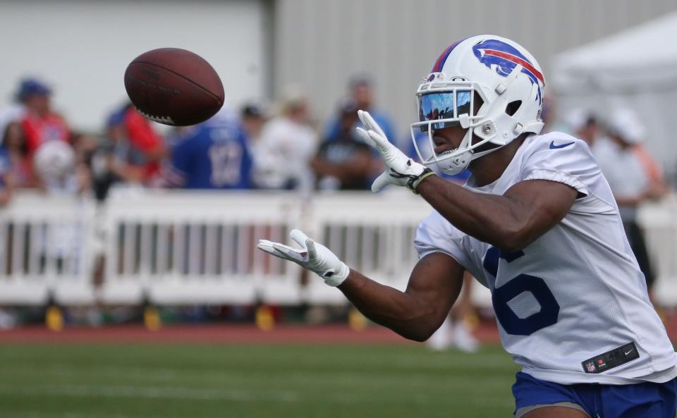 Bills receiver Isaiah McKenzie pulls in a pass over the middle on the second day of the Buffalo Bills training camp at St. John Fisher University in Rochester Monday, July 25, 2022. 